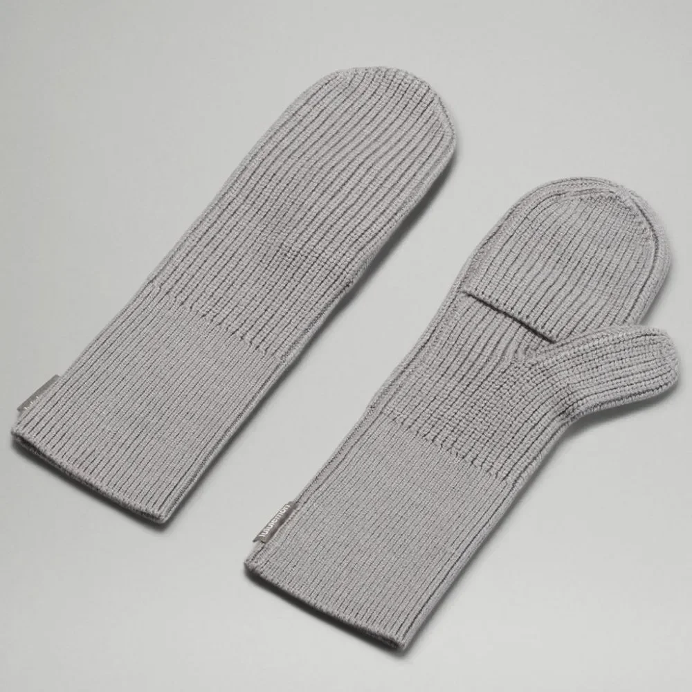Lululemon Ribbed Merino Wool-Blend Knit Mittens Heathered Gull Grey NWT M/L - Picture 3 of 6